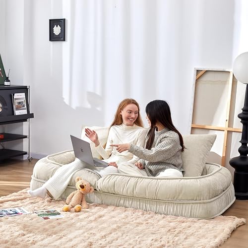 LouannTatami LOTATA 3-in-1 Lazy Sofa Bed - Adjustable Human Dog Bed Floor Chair for Adults Kids - Convertible Sleeper Chair Comfy Small Couch with Pillow for Living Room Bedroom(White) thumbnail 2