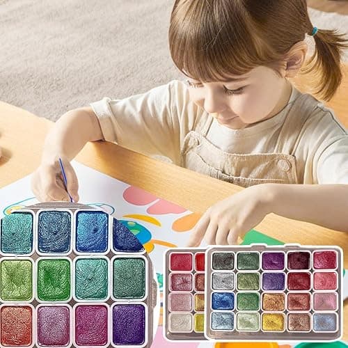 nnOuOnn Metallic Watercolour Paints Set(2pcs), 40 Color Mini Travel Glitter Gouache Water Colour Painting, Colouring Brushes Cards Art Forestey Pearlescent Solid Kids Adults Beginners Artists thumbnail 5