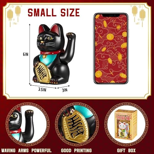 Chunful 6 Inch Lucky Cat Waving Arm Maneki Neko Lucky Beckoning Feng Shui Wealth Cat for Welcoming Fortune Wealth Prosperity Decoration, Battery Not Included(Black Color) thumbnail 2