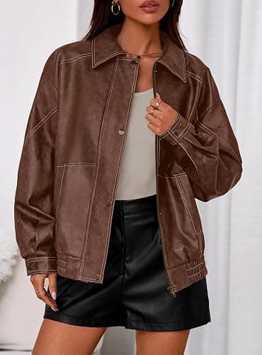 PRETTYGARDEN Leather Jacket Women Faux Oversized Coat | Motorcycle Bomber Fall Jackets Trendy, Fashion Going Out Outfits, Travel, Winter Clothes, Zip Up Outerwear thumbnail 7