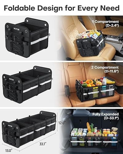 HOTOR Trunk Organizer for SUV – Car Storage Box with Reflective Strips, Collapsible Car Organizer with Large Capacity, Essential Car Accessories for Truck, Van & Sedan, Black, 33.1" x 13.0" x 12.0" thumbnail 4