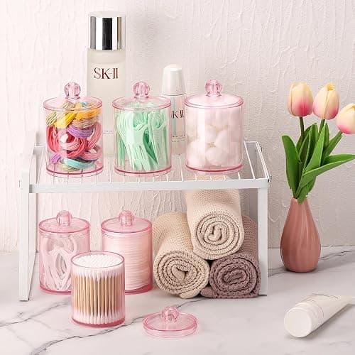 Tbestmax 6 Pack Qtip Holder - 12 oz, 10 oz Bathroom Organizer and Storage Containers, Plastic Apothecary Jars with Lids for Cotton Ball, Cotton Swab, Floss, Pink thumbnail 7