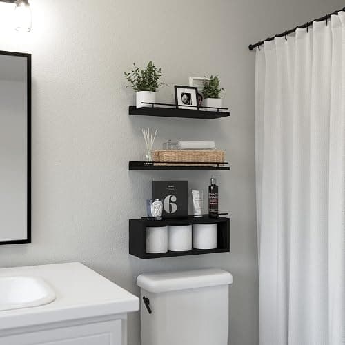 WOPITUES Floating Shelves for Wall with Cube Shelf, Wall Shelves with Metal Rail for Bathroom Decor, Bathroom Organizers and Storage, Over Toilet Shelves for Toilet Paper-Black thumbnail 2