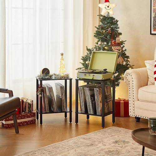 LELELINKY 2-Tier Record Player Stand with Vinyl Record Storage up to 100 Albums, Bedroom Record Holder and Multi-Functional End Table for Living Room, Black thumbnail 4
