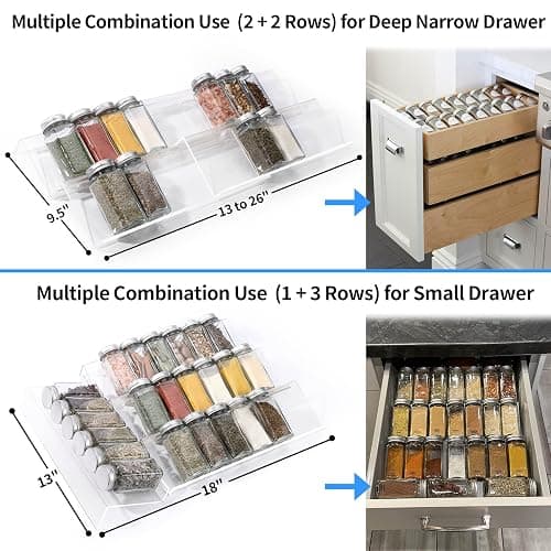 MIUKAA Clear Acrylic Spice Drawer Organizer, 4 Tier- 2 Set Expandable From 13" to 26" Drawer Seasoning Organizer, Kitchen Spice Rack Tray for Drawer/Countertop (Jars not included) - 8 Pcs x 13 inch Width, Transparent thumbnail 5
