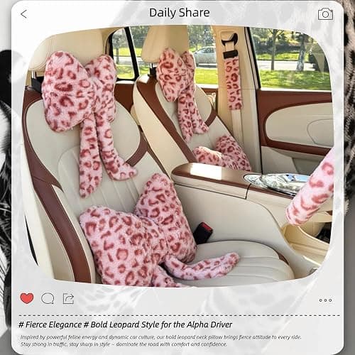 UINSUE Car Neck Pillow 2PCS Plush Bowknot Car Headrest Pillow – Comfortable Neck Support for Driving Soft Touch Fabric Car Pillow Cute Girl-Style Interior Decor (Pink Leopard) thumbnail 6