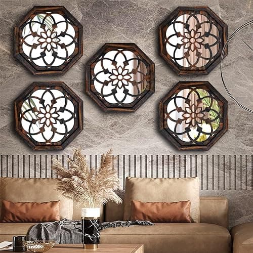ZOLAPI 2-Piece Octagon Wall-Mounted Mirrors,Vintage Farmhouse Mirror for Wall Decor,Caramel Color Decorative Accent Mirror for Foyer, Bathroom, Bedroom. (12”x12”) thumbnail 7