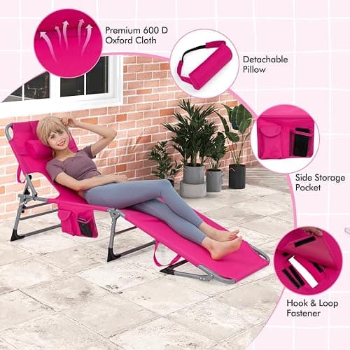 Goplus Tanning Chair, Folding Adjustable Patio Lounge Chair with Face Hole, Removable Pillow, 330LBS, Carry Strap, Outdoor Sunbathing Chair, Lightweight Portable Beach Lounge Chair, No Assembly thumbnail 8