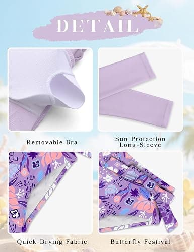 GEMLON Girls Rash Guard Swimsuit Bathing Suits Solid Color Long Sleeve Crop Swimsuit and Shorts with Bow Girls' Swimwear 7-16 thumbnail 6