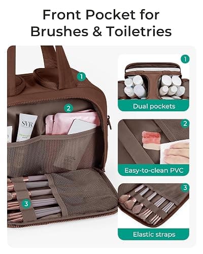 BAGSMART Travel Toiletry Bag, Puffy Toiletry Bag for Women, Wide-open toiletry bags for traveling, Large Travel Cosmetic Makeup Bag Organizer for Accessories,Toiletrie (Coffee Brown) thumbnail 2