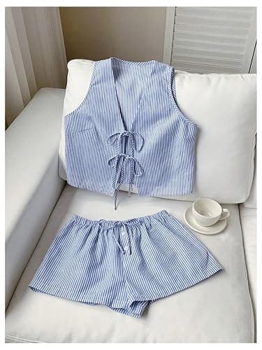 SweatyRocks Women's 2 Piece Matching Sets 2026 Fashion Tie Front Vest and Shorts Set Spring Going Out Vacation Outfits thumbnail 3