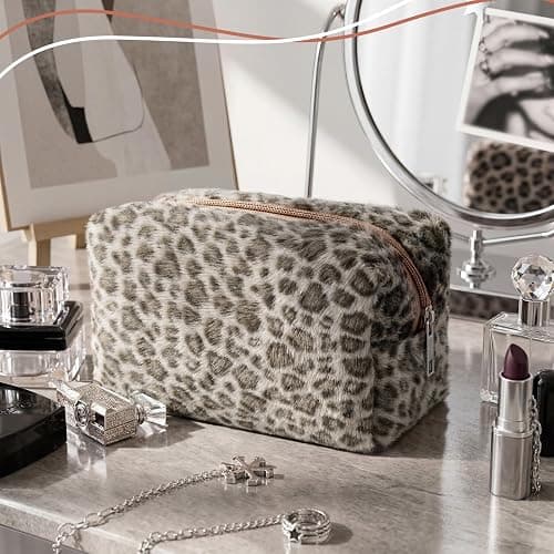Huhumy Brown Leopard Makeup Bag for Women, Fuzzy Cheetah Print Cosmetic Organizer, Stylish Faux Fur Bag Y2k, Fluffy, Travel Toiletry Pouch, Zipper Purse, Pencil Organizer Pouches thumbnail 2