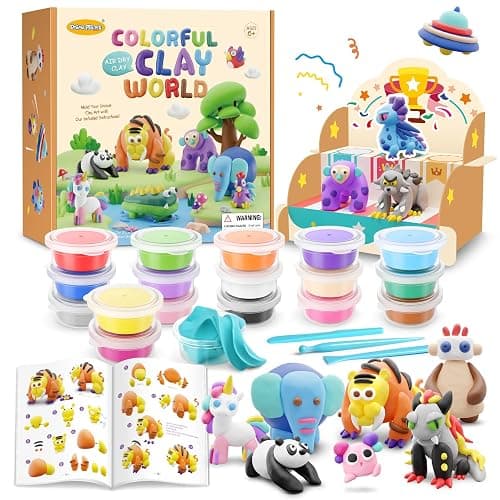 Drama Planet Air Dry Clay Kit for Kids - Comes with Instructional Guide Featuring 4 Scenes & 26 Projects Tutorials, 18 Cans of Modeling Clay, Includes Display Stand, Gift for Girls and Boys - Image 1