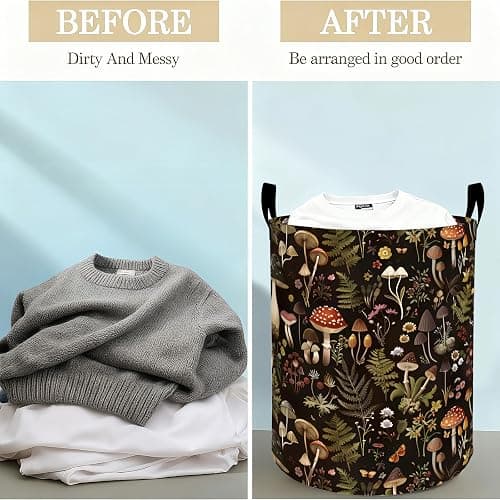 Vintage Mushroom Laundry Basket Hamper for Boys Girls Kids Adults, Foldable Waterproof Oxford Clothes Storage Bin, Nature Organizer for Bedroom Bathroom Room Decor 19.7"x15.8" thumbnail 3