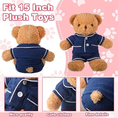 Hungdao 2 Sets Bear Clothes Stuffed Animal Accessories Pink and Blue Bear Pajamas Clothes Double Layer Muslin Short Sleeve Top and Bottom Pajamas Fits Most 14-18 Inch thumbnail 4