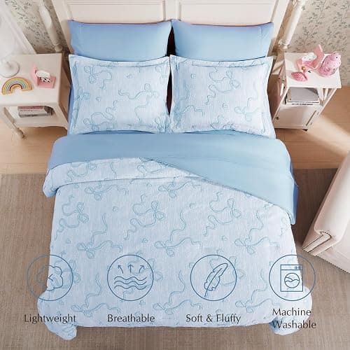 Full Size Comforter Sets for Girls - 7 Pieces Bow Bedding Set Bed in a Bag | Jacquard Cottage Core Bedding Sets, All Season Bed Set with Comforter, Sheets, Pillowcases & Shams, Light Blue thumbnail 4