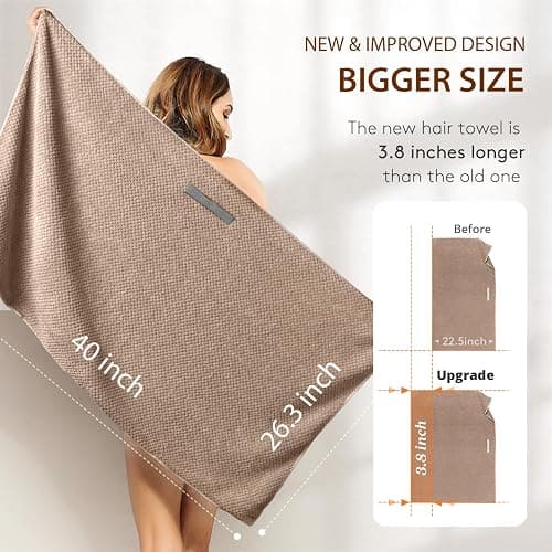 YFONG Large Hair Towel Wrap for Women, Super Absorbent Microfiber Hair Towel for Curly Hair, Fast Drying Hair Turbans with Elastic,Hair Drying Towel Wrap for Hair Care Anti Friz 26.3" X 40" (Brown) thumbnail 5