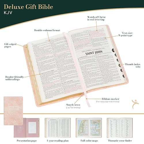 KJV Holy Bible, Deluxe Gift Bible with Thumb Tabs, Ribbon Marker, King James Version, Faux Leather, Pink thumbnail 2