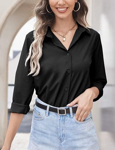 HOTOUCH Women Chiffon Button Down Shirts Long Sleeve Office Blouses Casual Business Work Tops Collared Shirt S-XXL thumbnail 3