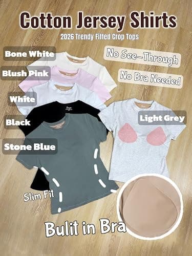 Danysu Womens Tops with Built in Bra Short Sleeve Fitted Crop T Shirt | No See Through, Bra Free, Seamless, Stretchy Breathable Cotton Jersey, Slim Fit, Going Out, Workout, Casual Cute Summer Top thumbnail 5