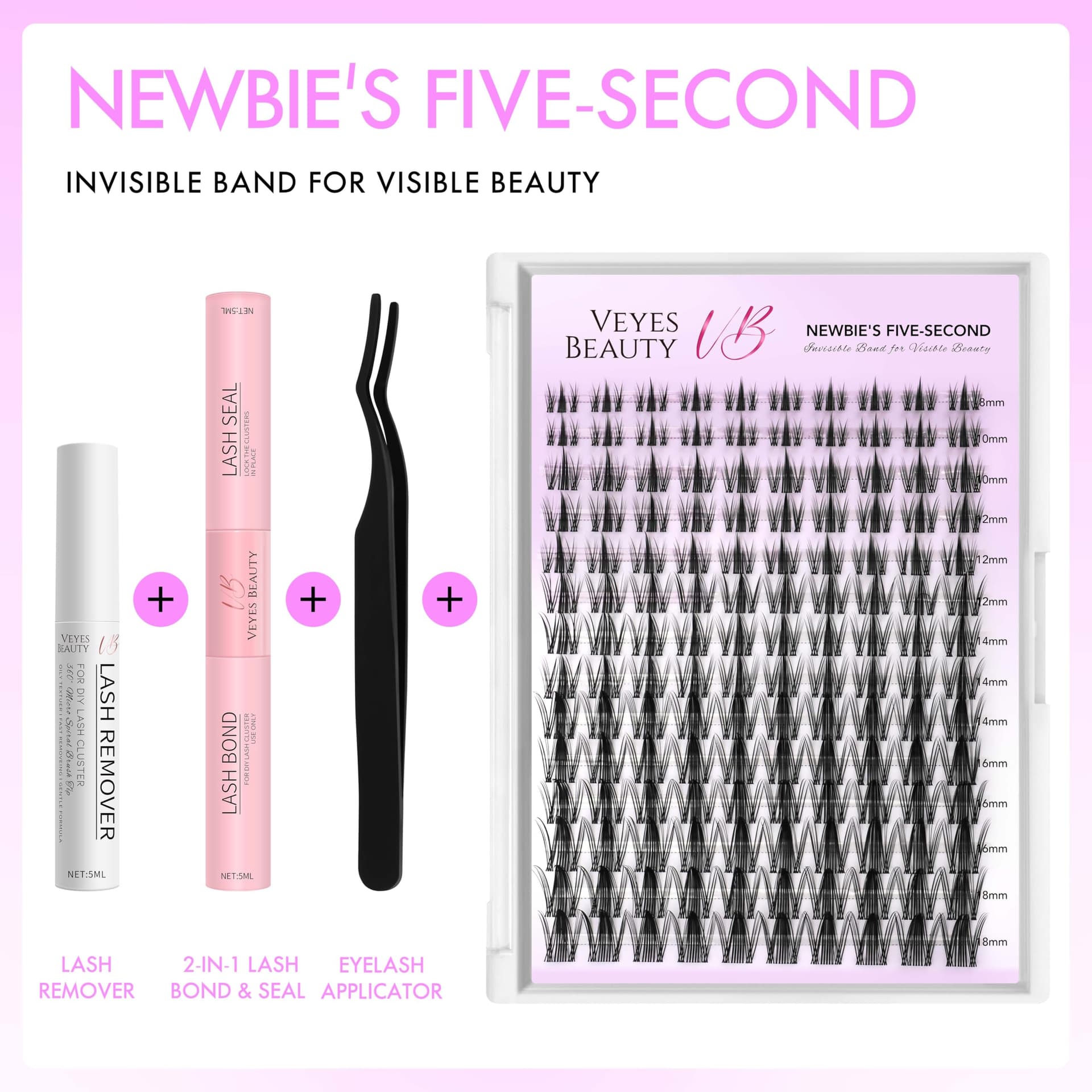 VEYESBEAUTY Lash Clusters Kit Individual Eyelash Extensions Kit Thin & Invisible Band DIY False Eyelashes Newbie's Five-Second Series, Manga 8-18mm Mixed Length with Bond&Seal Remover Applicator thumbnail 2