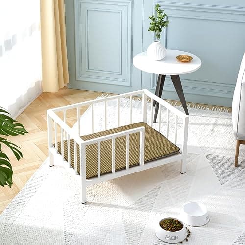 OSCHF Dog Bed with Rails - Elevated Pet Metal Bed Frame with Solid Wood Board and Washable Soft Mat for Small Dog Indoor or Outdoor Use, 21.3" x 30 ", White thumbnail 3