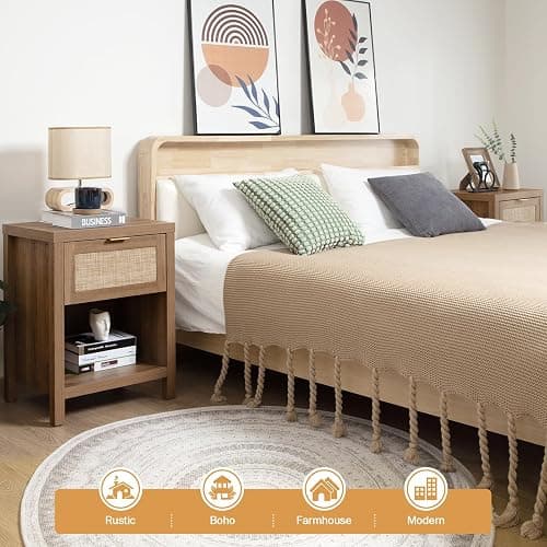 SICOTAS Rattan Nightstands Set of 2 - Farmhouse Night Stand with Drawer and Storage Shelf - Boho Bedside Table End Side Table for Bedroom, Oak thumbnail 6