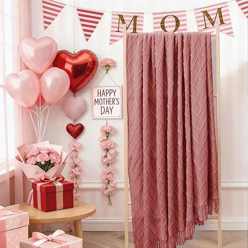 inhand Coral Pink Knitted Throw Blanket for Couch Bed, Mothers Day/Mom Birthday Gifts for Mom from Daughter Son, Soft Lightweight with Tassels, Farmhouse Warm Decorative Blanket for Women, 50"x60" thumbnail 9
