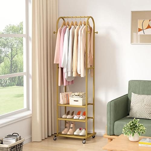 Kaitiemoo Heavy Duty Clothing Rack with Wheels,Modern Garment Rack with 3 Metal Shelves, 71.8Inches Display Rack for Hanging Clothes, Hanging Rod for Small Space,Gold thumbnail 2
