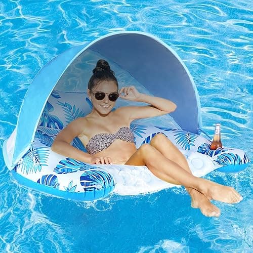 COOLCOOLDEE Pool Float with Canopy, Cup Holder - XL Pool Chair Lounge Float with Adjustable Sun Shade Cover, Drink Holder, Ergonomic Headrest,Inflatable Pool Float for Adults - Image 1