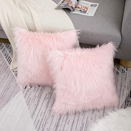 WLNUI Pink Faux Fur Pillow Covers 18x18 Inch,Set of 2 Plush Decorative Throw Pillow Case for Couch Sofa Bed, Soft Fluffy Blush Pink Cushion Cover with Hidden Zipper for Bedroom Girls Room Dorm Decor thumbnail 2