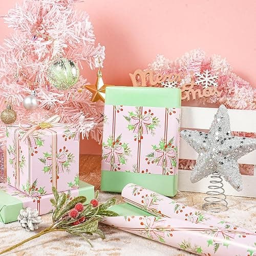 LeZakaa Christmas Wrapping Paper Roll, Pink Red Bow Berry Green Solid Color Design Holiday Gift Wrap for Kids Girls Women, Watercolor Style for Christmas Party Present, Mini Roll 17" x 16.4 ft thumbnail 6