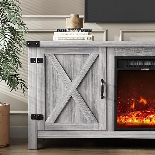 YESHOMY Fireplace TV Stand with Two Barn Doors and Storage Cabinets for Televisions up to 65+ Inch, Entertainment Center Console Table, Media Furniture for Living Room, 58 Inch, Gray Wash thumbnail 5