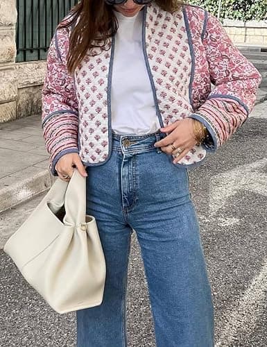 Wyeysyt Women's Cropped Puffer Quilted Jacket Cardigan Floral Printed Lightweight Long Sleeve Open Front Short Padded Coats thumbnail 3