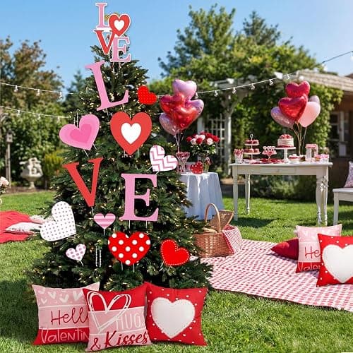 HunnmingRe 17 Pcs Valentines Day Decoration Tree Ornament Extra Large Love Tree Topper Valentine Pillow Cover Romantic Wood Heart Ornament Picks Pink Red for Wedding Holiday Party Anniversary Decor thumbnail 6