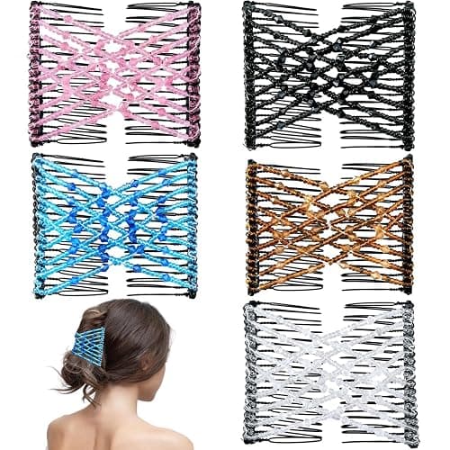 5 Pieces Magic Hair Comb Stretchy Double Comb Elastic Beaded Hair Clips for Women Girls Vintage Hairstyle Multipurpose Hair Accessories (Black, Brown, White, Pink,Blue) - Image 1