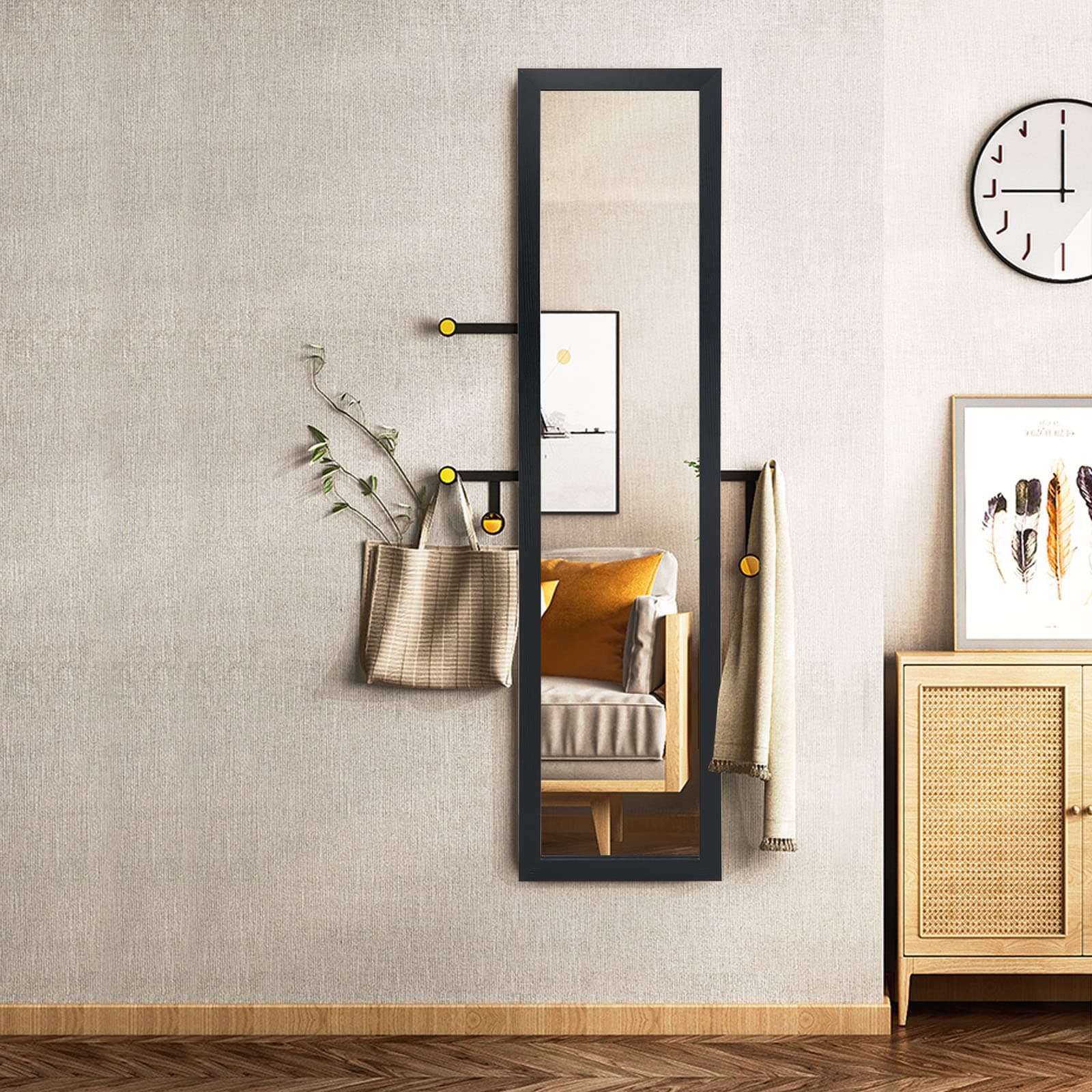 Giantex Full-Length Wood Mirror, Standing Mirror & Wall Mirror, Country House Style Cloakroom Mirror w/Wooden Frame, Free-Standing, for Bedroom, Living Room, Clothing Store (Black) thumbnail 7