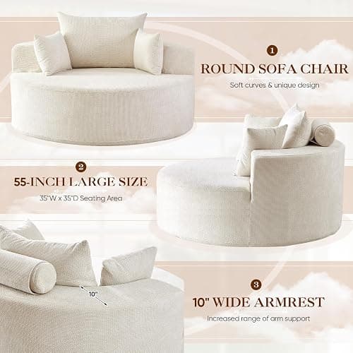 Antetek Oversized Round Chaise Longue Chair Indoor, Modern 55-inch Upholstered Waffle Chenille Deep Seat Circle Single Cloud Lounge Floor Sofa Chair for Living Room, Bedroom Apartment, Beige thumbnail 5