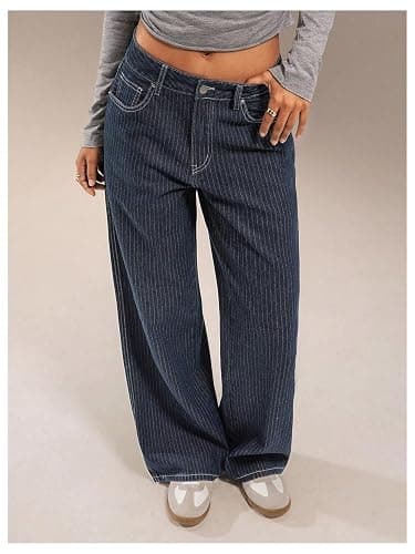 OYOANGLE Women's Striped Wide Leg Jeans Mid Waist Casual Pinstripe Denim Baggy 90s Trendy Pants Y2K Preppy Outfit thumbnail 4