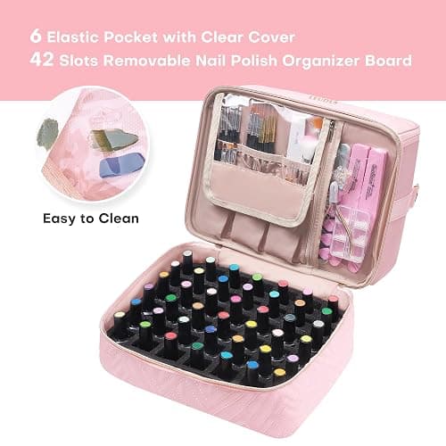 Leudes Nail Polish Organizer and Storage Holder 42 Bottles&Manicure Kit &Nail Lamp,Nail Stuff Bag Organizer Travel Case for Nail Tech Supplies Accessories Manicure Tools (Pink) thumbnail 5