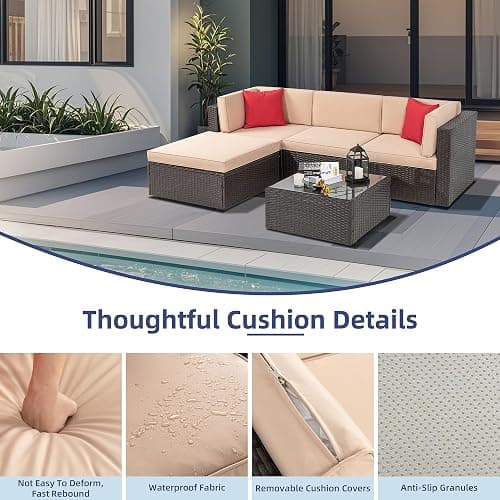 Vongrasig 5 Piece Patio Furniture Sets, Outdoor Patio Set Sectional Sofa, All-Weather PE Rattan Outdoor Couch with Ottoman, Glass Table for Garden, Backyard, Porch, Beige thumbnail 5