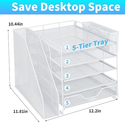 Gugsey 5-Tier Desk File Organizer with Drawer & Pen Holder (White) | Desk Organizers and Accessories, Office Desk Accessories & Workspace Desktop Organizers for Classroom, Home, Office Supplies thumbnail 2