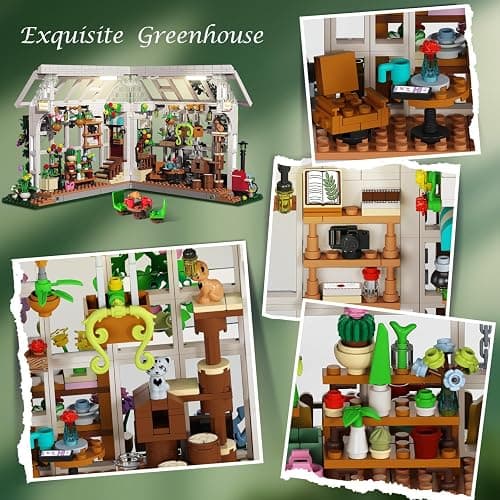 HOGOKIDS Flower House Building Set with LED Light - 1332 PCS Garden House Buiding Toy with Flowers Potted Plants Parrot Cat Animals Playset Greenhouse Model Xmas Gift for Adults Teens Girls Ages 8+ thumbnail 6