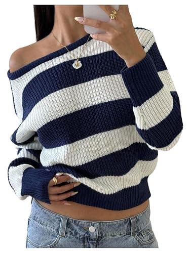 RoseSeek Girl's Striped Off The Shoulder Sweaters Long Sleeve Color Block Knit Pullover Tops Fall Jumper - Image 1