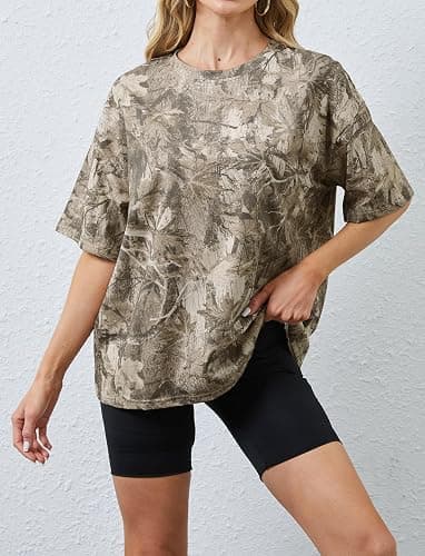 calbatic Camo Print Oversized T Shirts for Women Short Sleeve Graphic Print Crew Neck Baggy Shirts Cute Tunic Tee Tops thumbnail 2