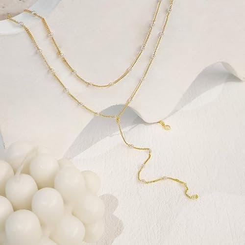 HAXIYA Lariat Gold Necklace for Women Dainty Long Necklace 14k Gold Plated/Silver Y-Shaped Pendant Drop Chain Trendy Layered Pearl/Beaded/CZ Necklaces Simple Gold Jewelry For Women Gift thumbnail 6