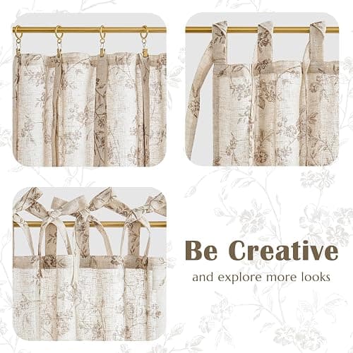 jinchan Floral Kitchen Curtains 24 Inch Linen Tier Curtains Farmhouse Cafe Half Window Drapes Over Sink Light Filtering Taupe on Beige for Living Room Laundry Tie Top 2 Panels thumbnail 9