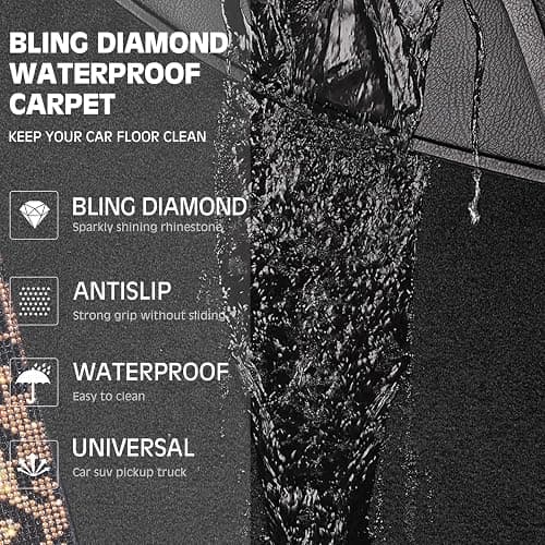 CAR PASS Bling Diamond Car Floor Mats, Shining Rhinestone Carpet Sparkly Glitter Crystal with Anti-Slip PVC Heel Pad Waterproof Universal Fit Automotive SUV,Sedan,Van,Cute Girl Women,4pcs Gold Leopard thumbnail 7