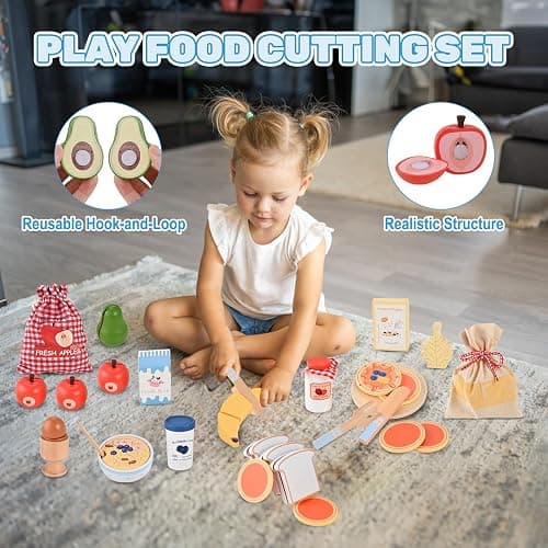 Wooderma Wooden Food for Play Kitchen 27 PCS Wooden Toddler Toys | Breakfast Pretend Play Set, Travel Toy Food Set for Kids' Kitchen Accessories Birthday Christmas Gifts for 3+ Year Olds thumbnail 7