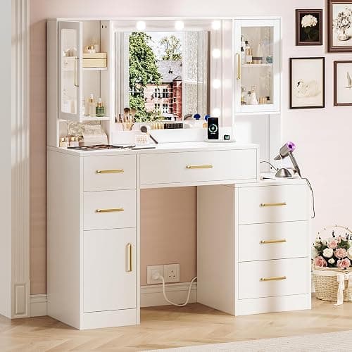 Makeup Vanity Desk with Mirror and Lights, Makeup Vanity Table with Lighted Mirror, Nightstand Dressing Table with Mirror and Lights, 51" Big Vanity with 6 Drawers & Lots Storage Space for All Girls thumbnail 3